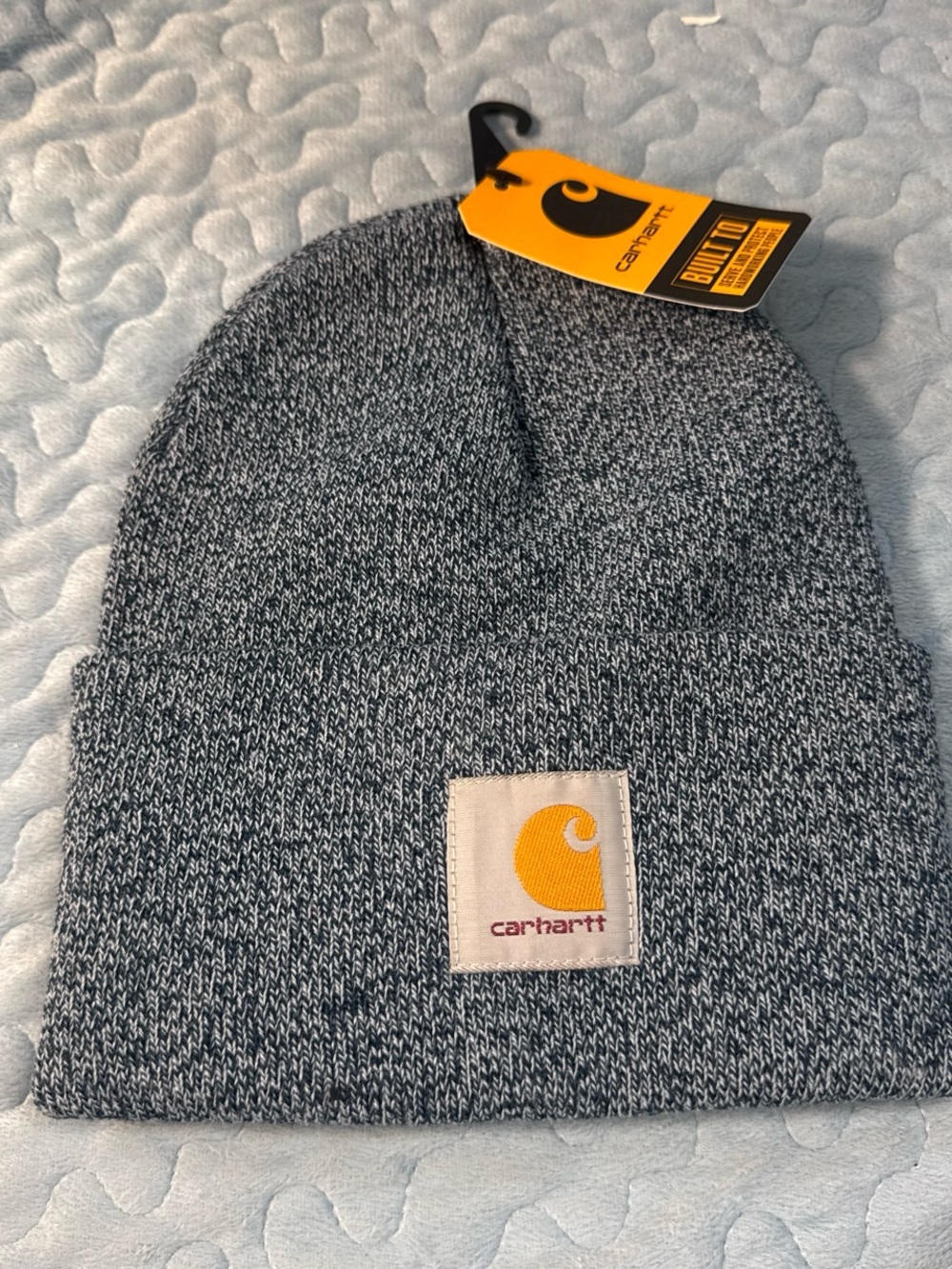 Carhartt Blue Marled Knit Beanie with Gold Logo Patch